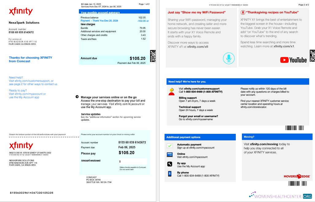 Download USA XFINITY business utility bill Word and PDF template, version 2 Photoshop template